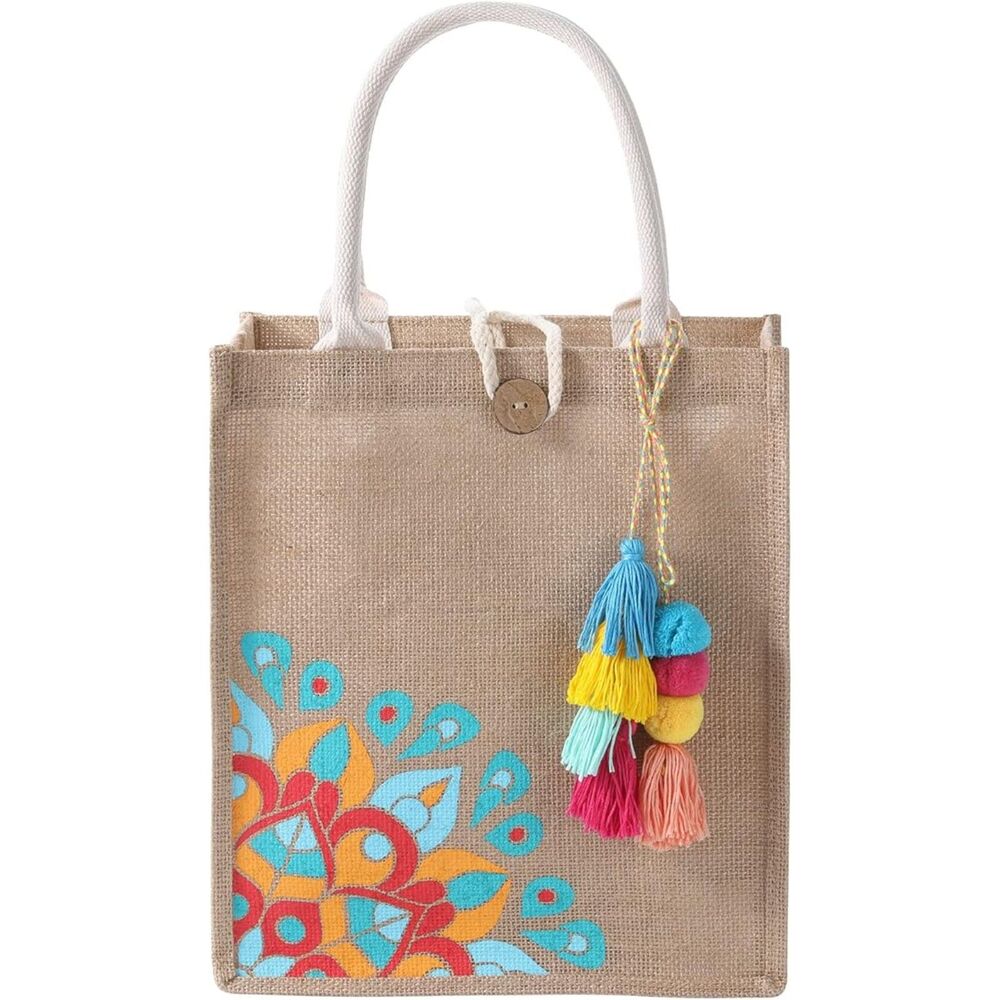 Jute tassel beach tote bag interior pocket button closure 11x13